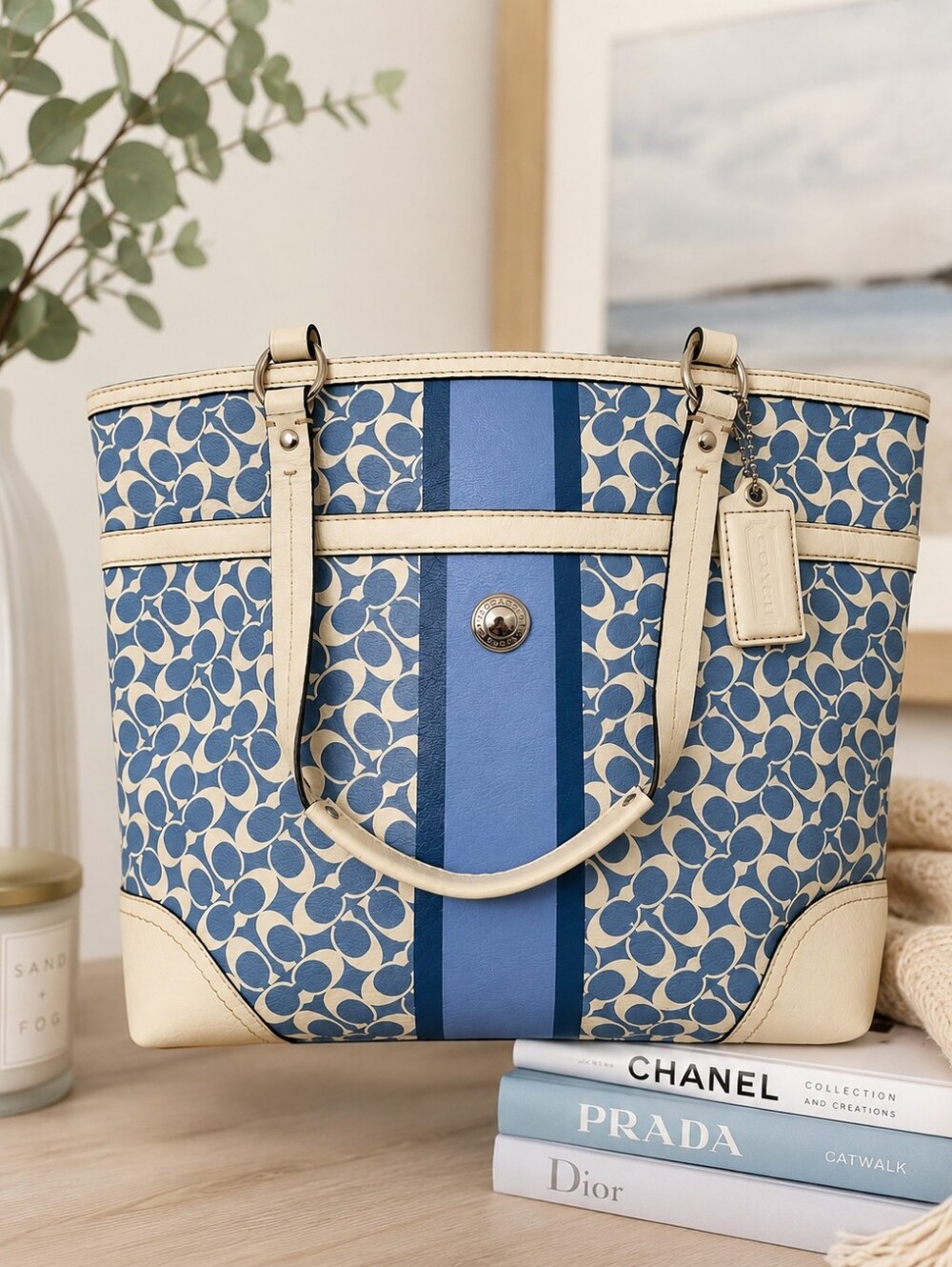 Coach Signature Stripe Blue PVC Leather Tote Shoulder Bag F15137 Ivory Zip Top
